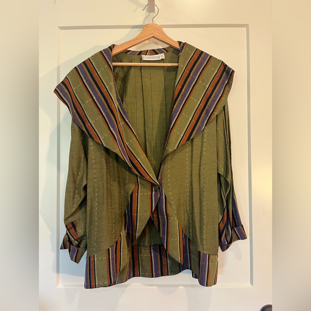 Vtg 80s Componix Shawl Collared Striped Lagenlook Artsy Eclectic Blazer Sz M